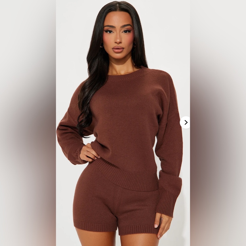 Brown Long Sleeve Sweater Short Set Elastic Waist